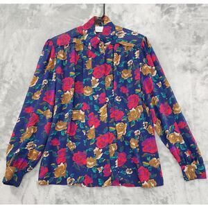 Vintage 80s Peters & Ashley Floral Chiffon Button High Neck Top Size 14 Blue